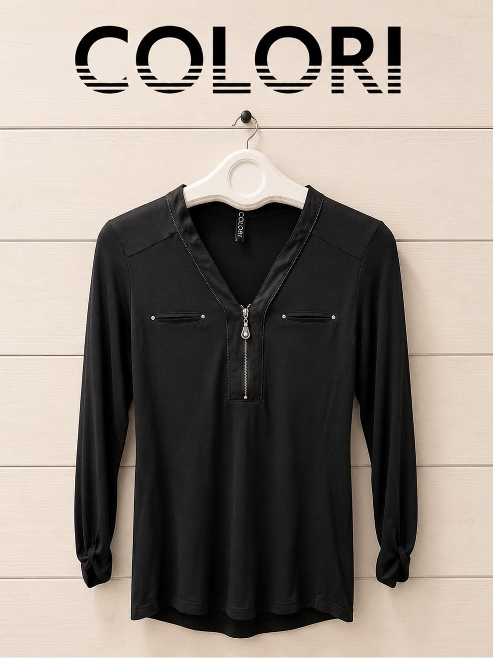 COLORI Black Long Sleeve Zip Detail Top Size S